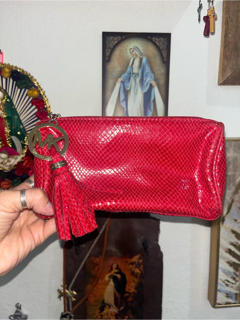 Michael Kors Red Faux-Snakeskin Tassel Zip Pouch